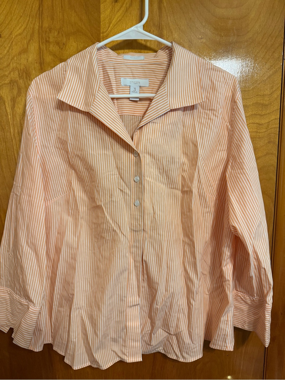 Chico's Peach and White Striped Button-Front Shirt